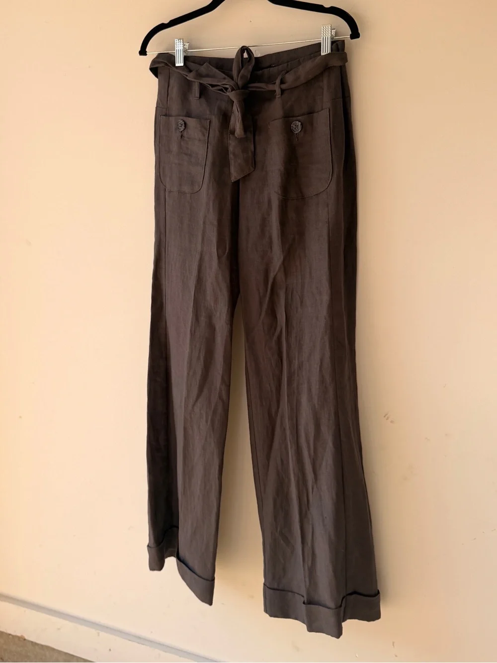 100% Linen Banana Republic Dark Brown Belted Wide-Leg Pants